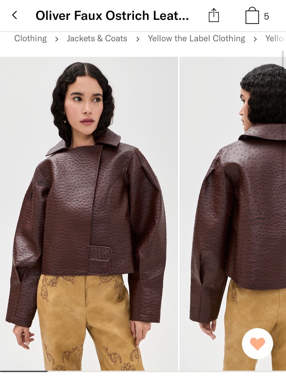 Yellow The Label Oliver Faux Ostrich Leather Jacket in Deep Brown